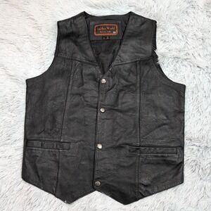 Vintage Leather World Vest Mens S Black Leather Snap Up Motorcycle Eagle‎ USA